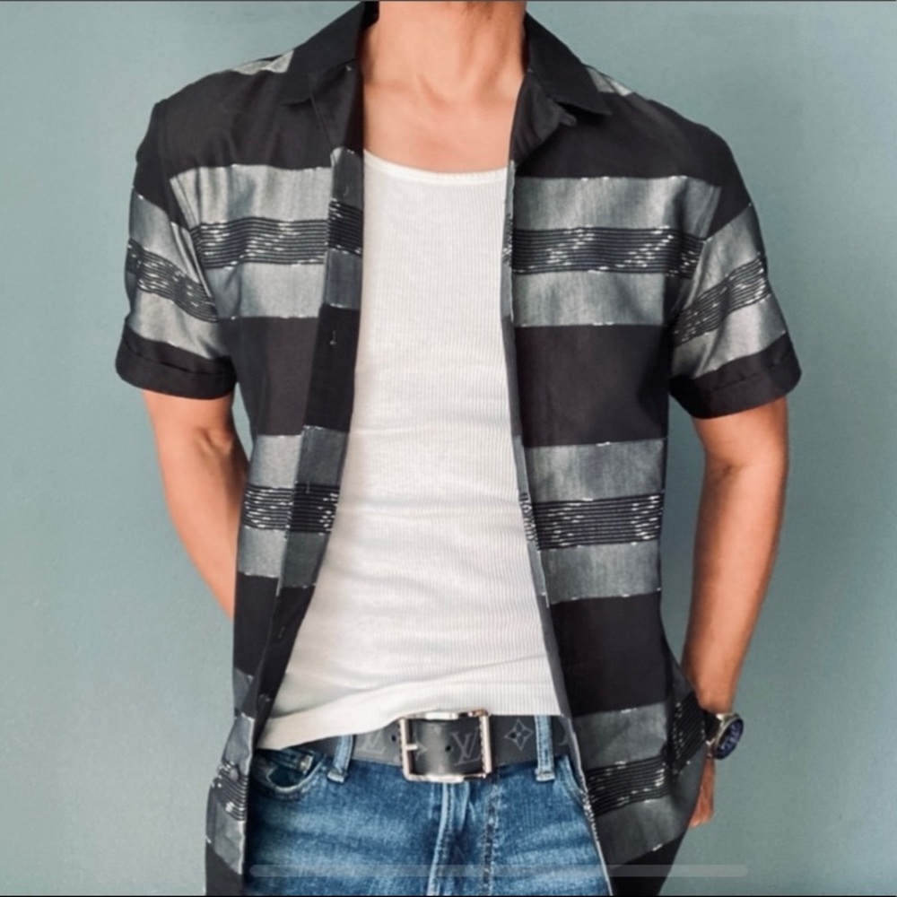 ALL SAINTS Gabon SS Gray/Black stripe shirt. Casual button down.